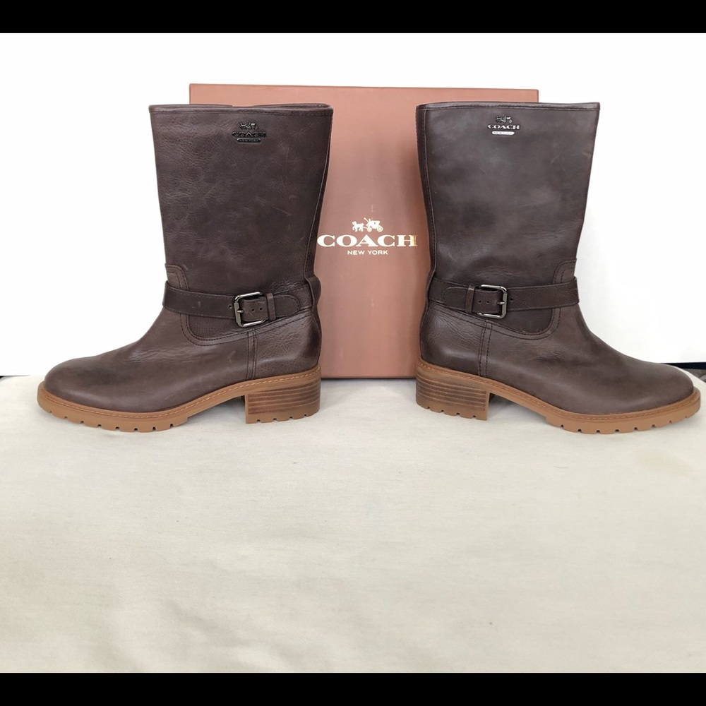 Coach Genie Wax Calf Boots Lug Sole Mid Shaft Dark Smoke Sz 7.5